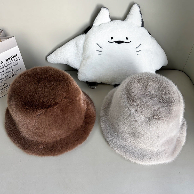 Pure Color Short-haired Plush Fishing Hat For Autumn And Winter, Korean Style, Versatile For Outdoor Activities, Warm And Protective For The Ears