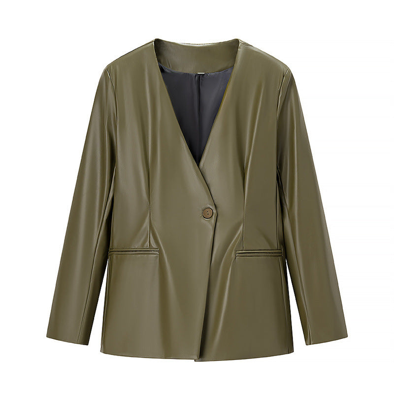 Women's Long-sleeved V-neck Leather Jacket