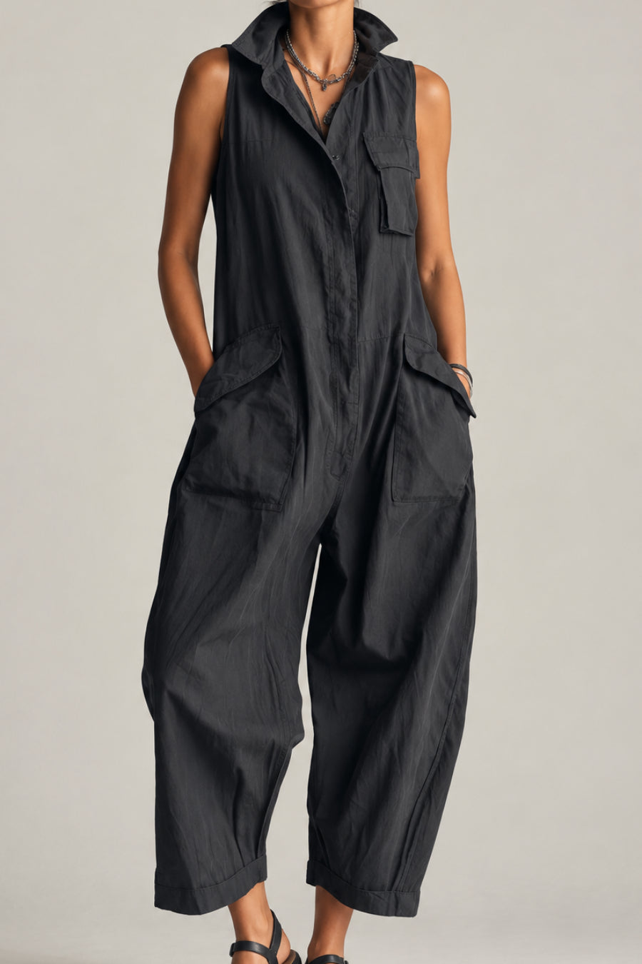 Women's Cotton Sleeveless Cargo Jumpsuit – Wide Leg Multi-Pocket