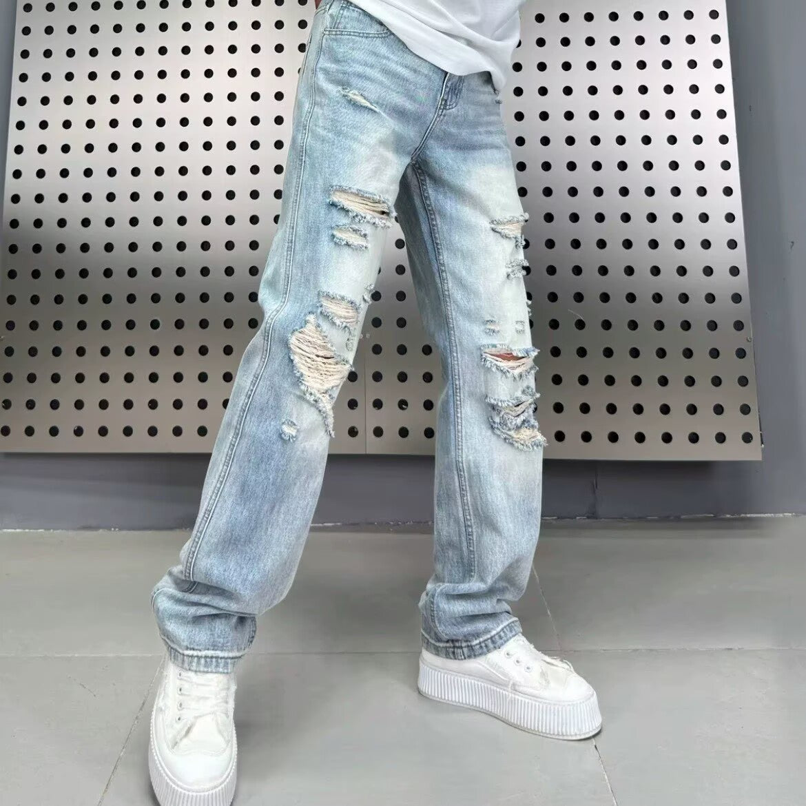 Fumei Personalized Perforated Design Denim Casual Versatile High Street Straight Leg Pants