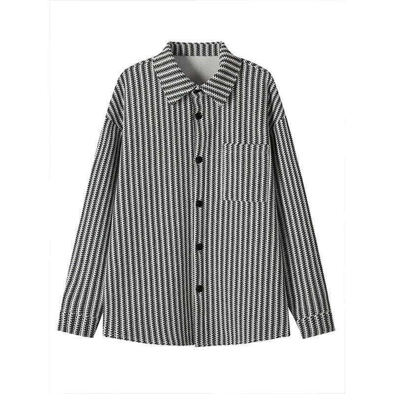 Vintage Lapel Sophisticated Striped Long-sleeve Top