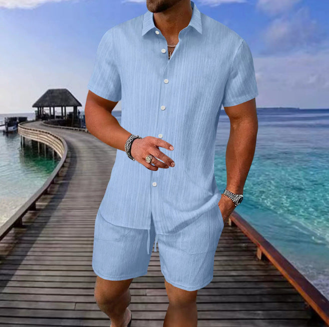 Seaside Casual Trendy Shirt With A Turn-down Collar And Short Sleeves Set