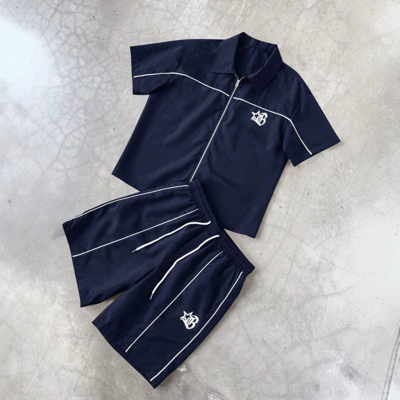 Striped Zip-front Short-sleeve Shirt And Shorts Set