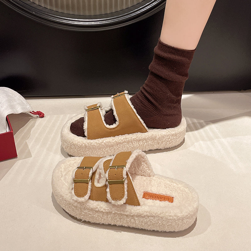 Women Platform Fuzzy Slides Plus Size New Belt Buckle Open Toe Autumn Winter Outdoor Fleece Lined Warm Slippers