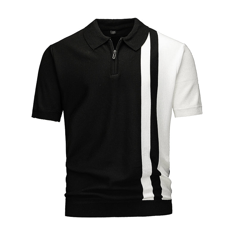 Men's Color Block Half-Zip Knit Polo Shirt, Navy & White Vertical Stripe Short Sleeve Top