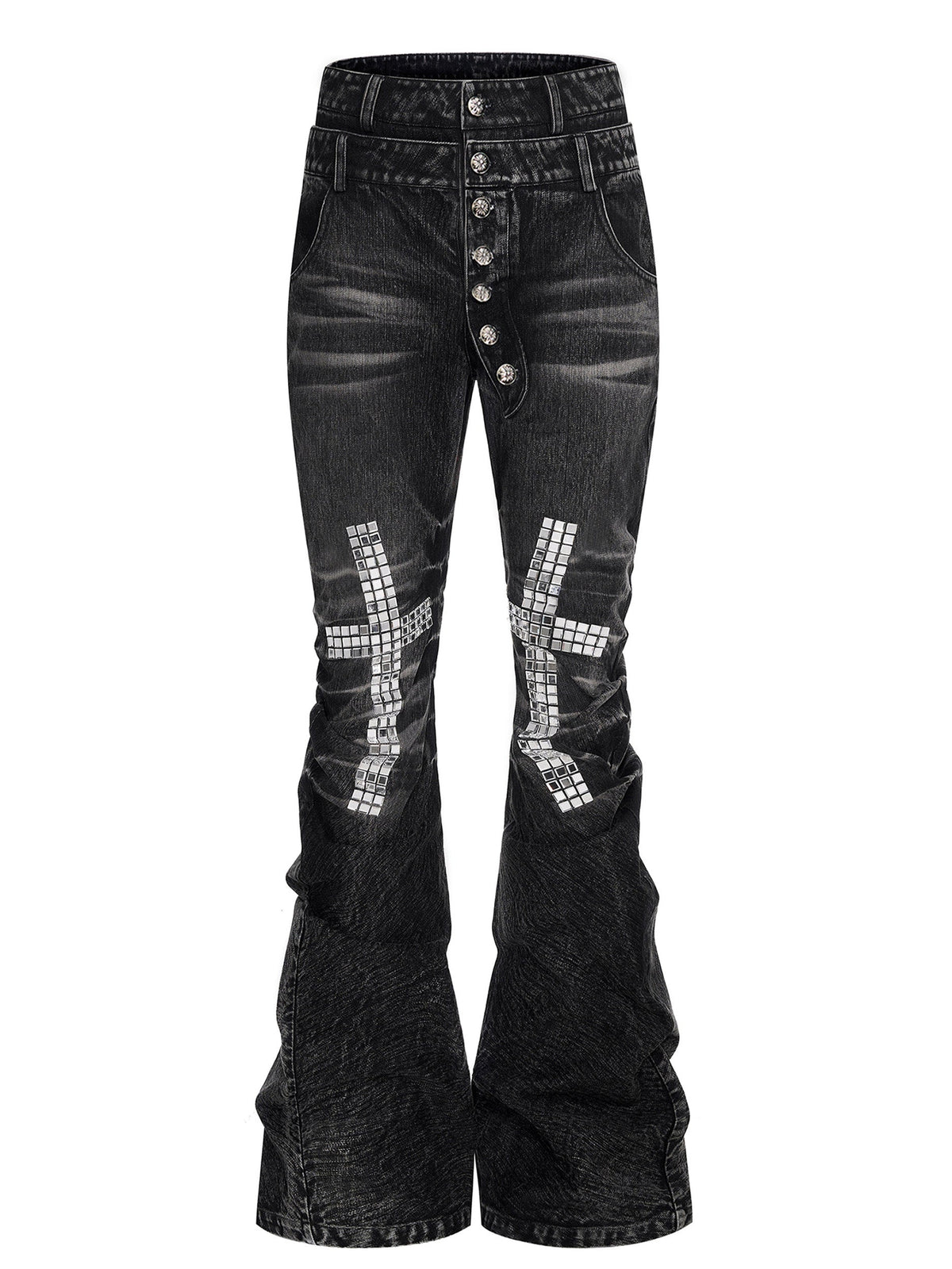 Mens Cross-Design Rhinestone-Embellished Double-Waist Button Denim Jeans