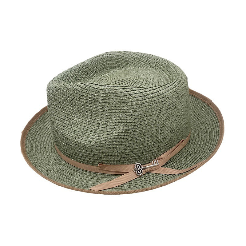 Olive Green Rolled-brim Straw Hat With Bow For Sun Protection Artistic Style For Men And Women