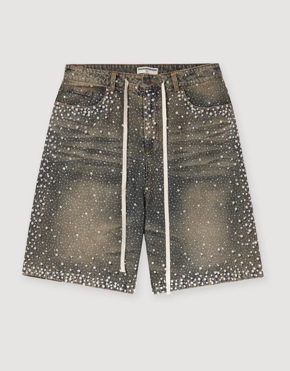 Straight-leg Rhinestone-studded Denim Shorts