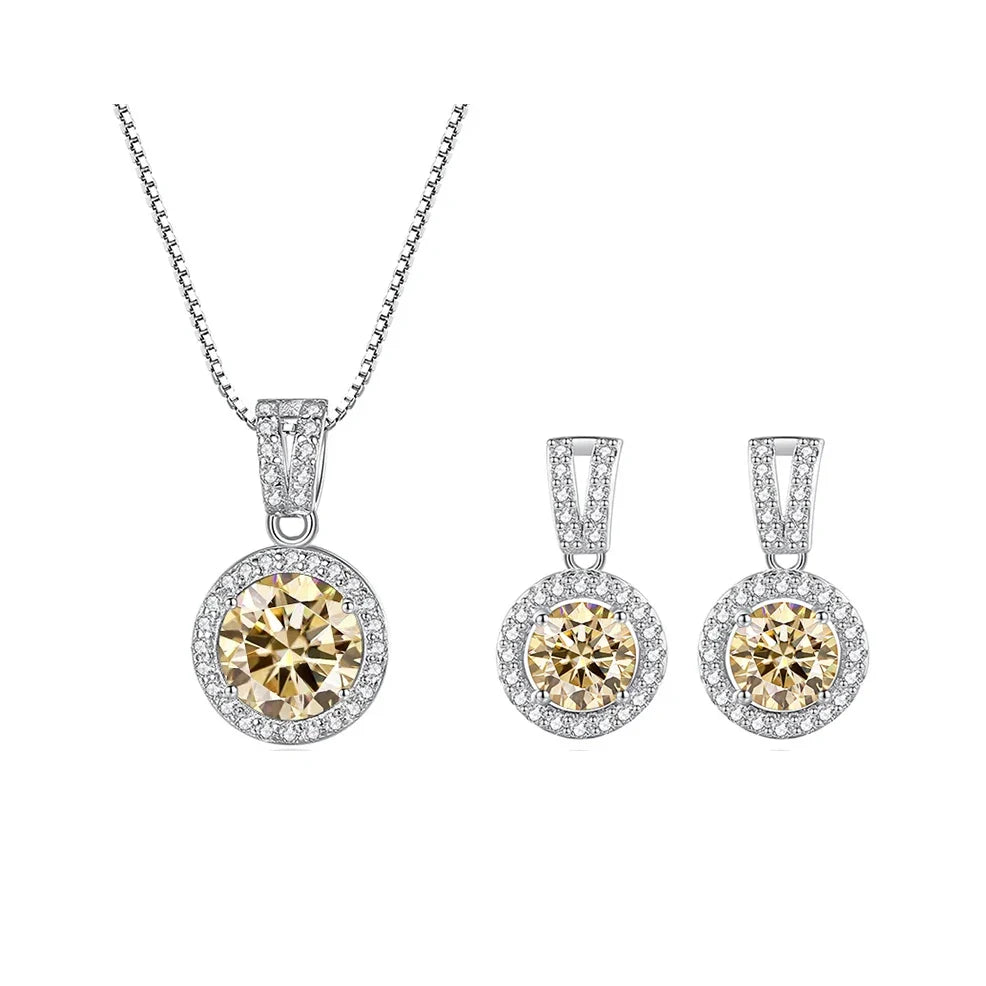 Colored Halo Moissanite Necklace & Drop Earrings Set in Silver