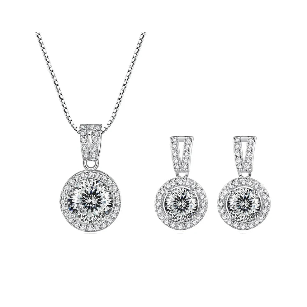 Colored Halo Moissanite Necklace & Drop Earrings Set in Silver