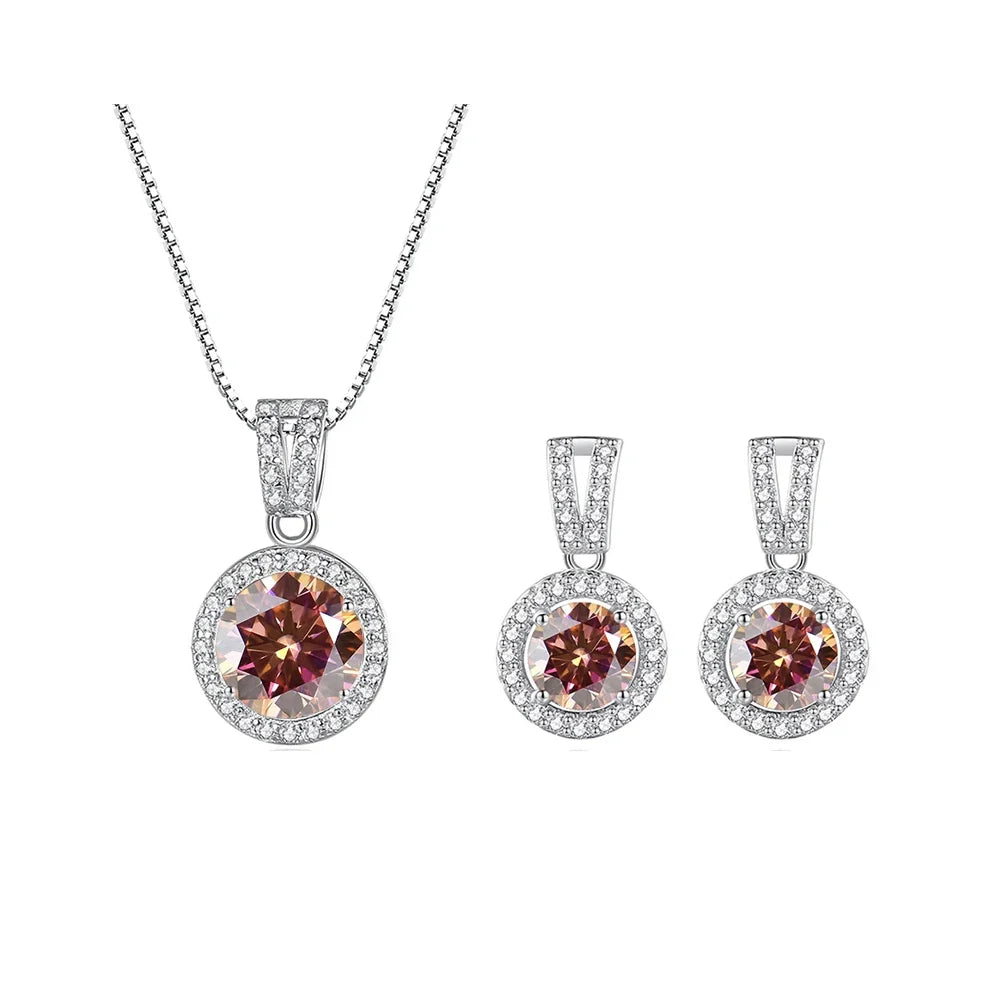 Colored Halo Moissanite Necklace & Drop Earrings Set in Silver