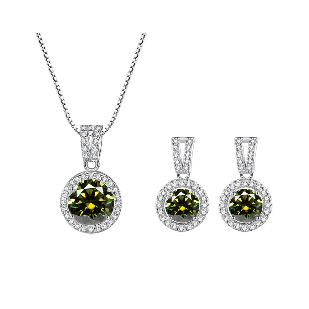 Colored Halo Moissanite Necklace & Drop Earrings Set in Silver