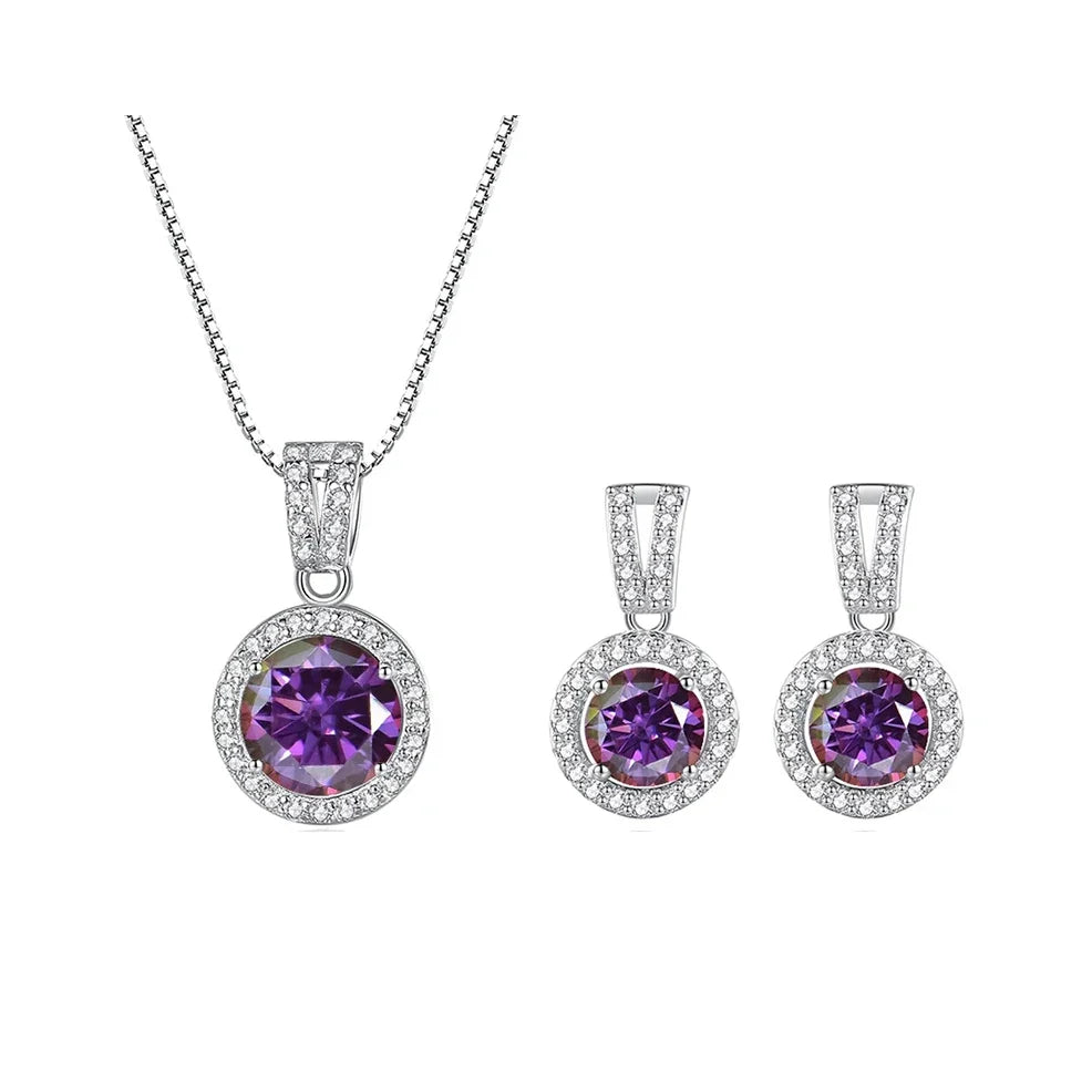 Colored Halo Moissanite Necklace & Drop Earrings Set in Silver