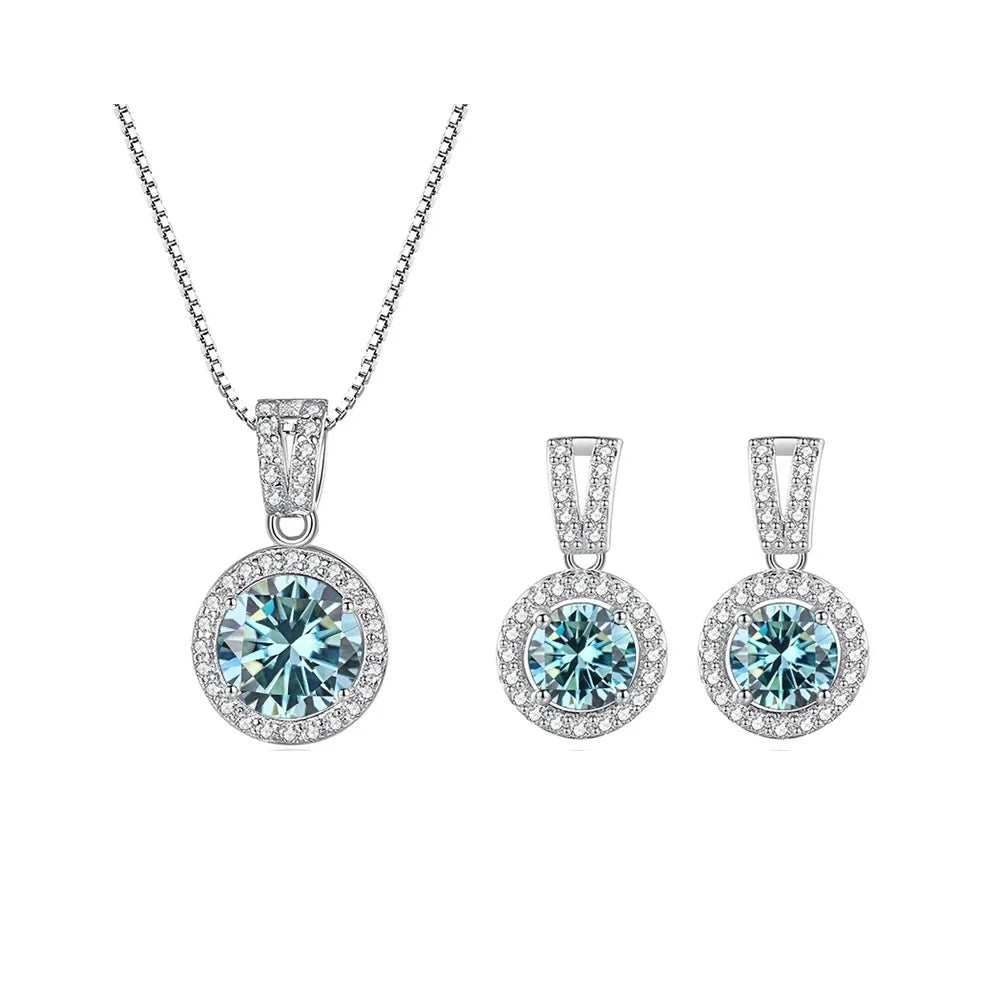 Colored Halo Moissanite Necklace & Drop Earrings Set in Silver