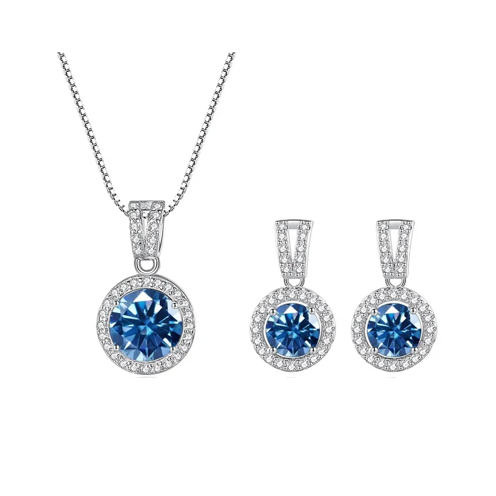 Colored Halo Moissanite Necklace & Drop Earrings Set in Silver