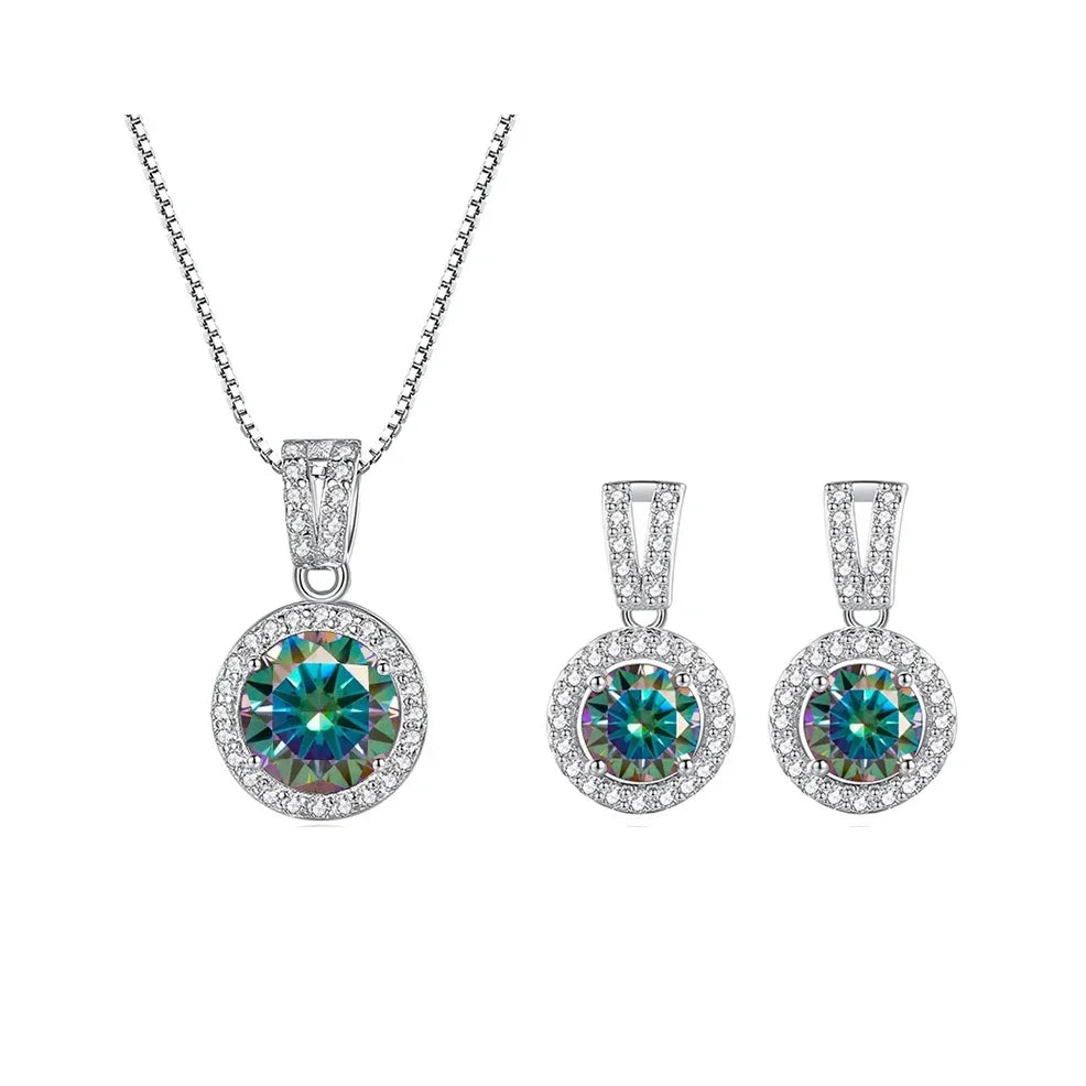 Colored Halo Moissanite Necklace & Drop Earrings Set in Silver