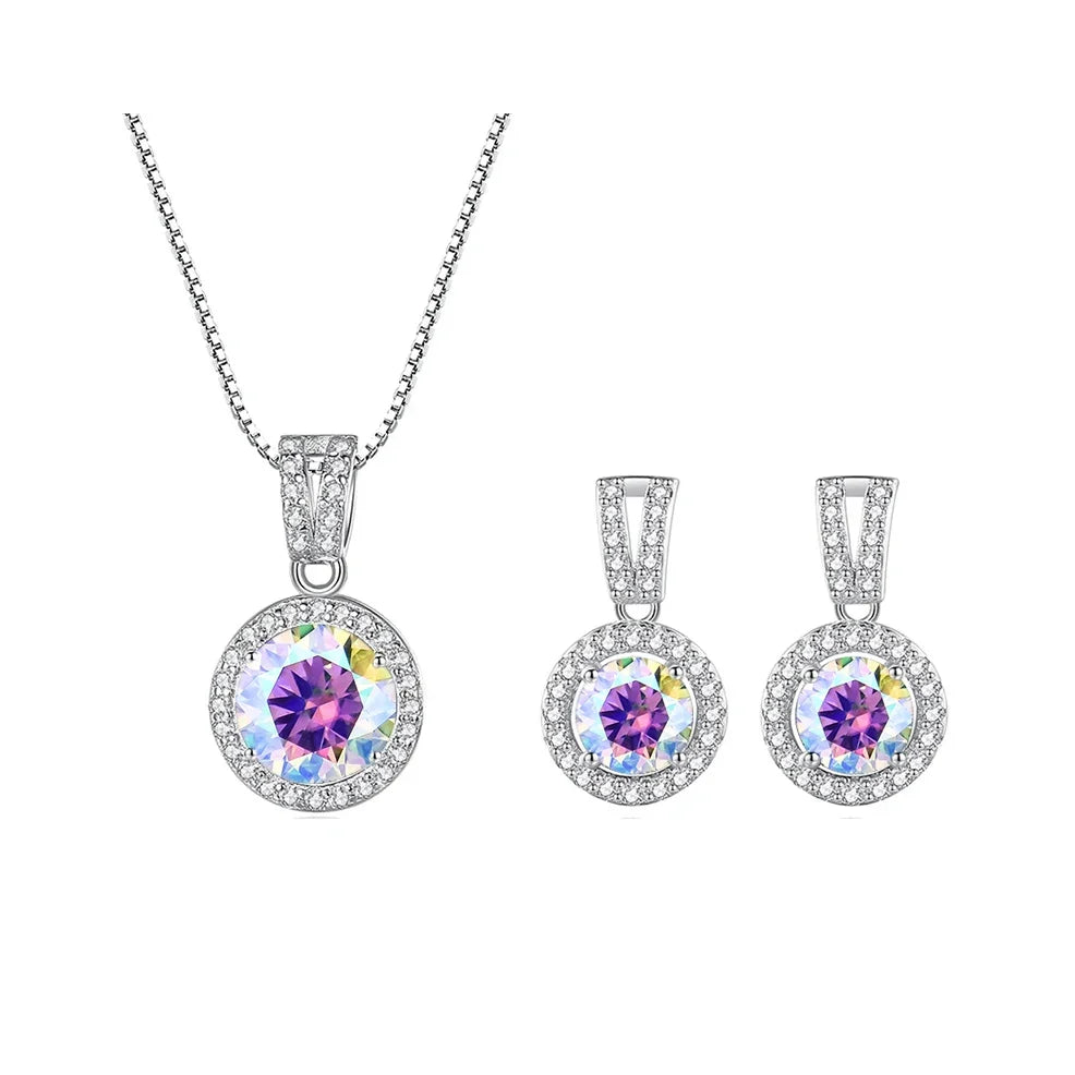 Colored Halo Moissanite Necklace & Drop Earrings Set in Silver
