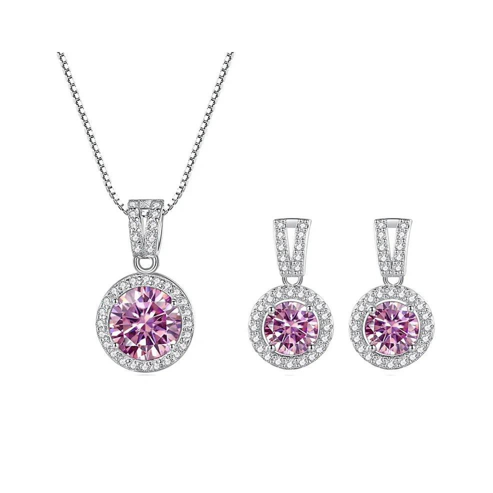 Colored Halo Moissanite Necklace & Drop Earrings Set in Silver
