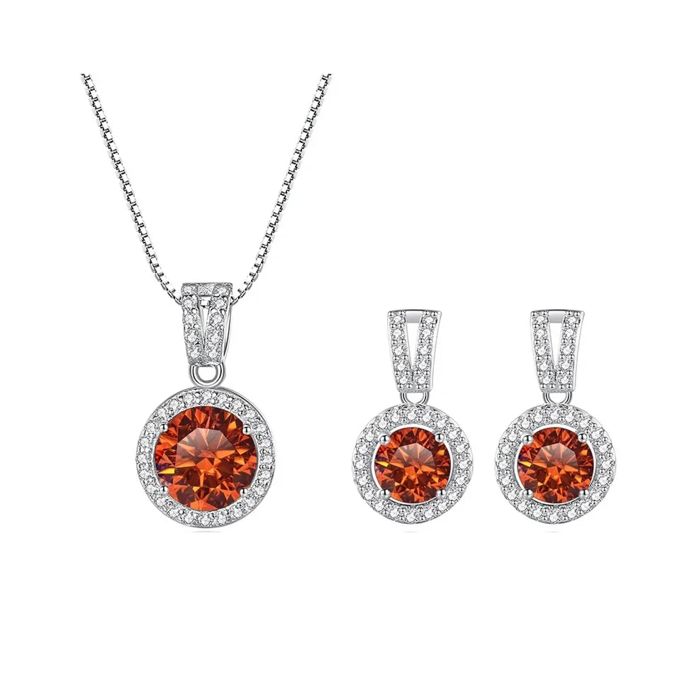 Colored Halo Moissanite Necklace & Drop Earrings Set in Silver