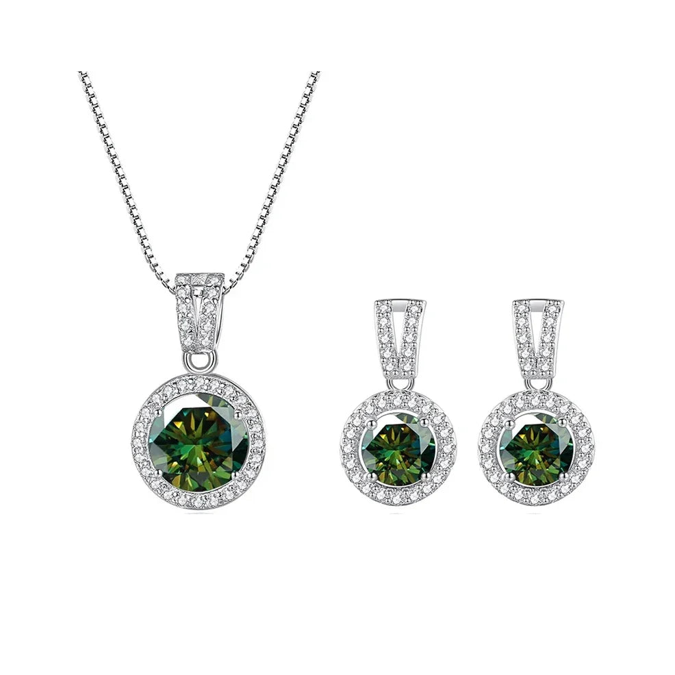 Colored Halo Moissanite Necklace & Drop Earrings Set in Silver
