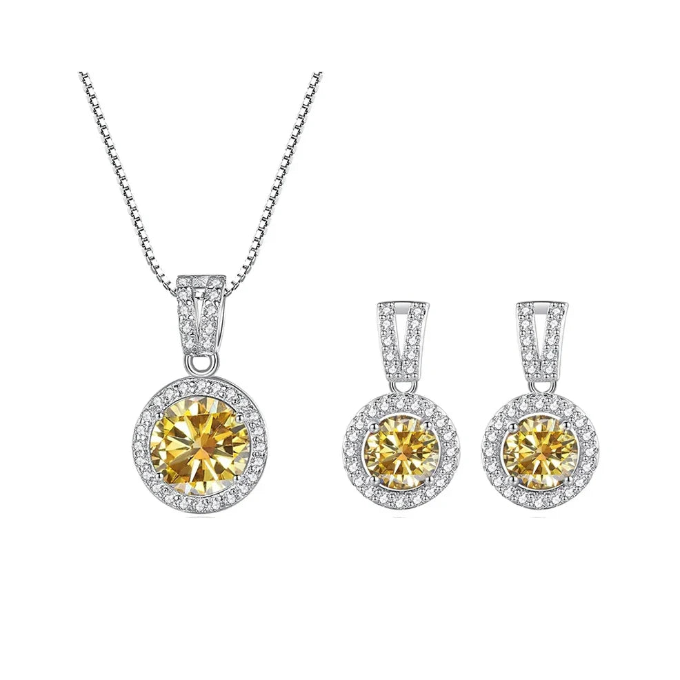 Colored Halo Moissanite Necklace & Drop Earrings Set in Silver