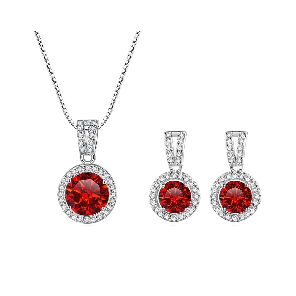 Colored Halo Moissanite Necklace & Drop Earrings Set in Silver