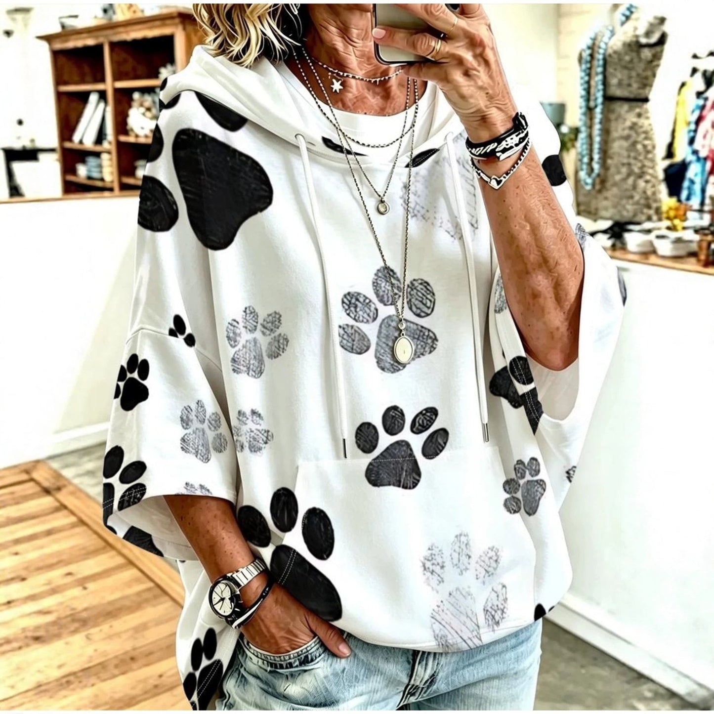 Women's Graphic Print Drawstring Hoodie – Three-Quarter Sleeves
