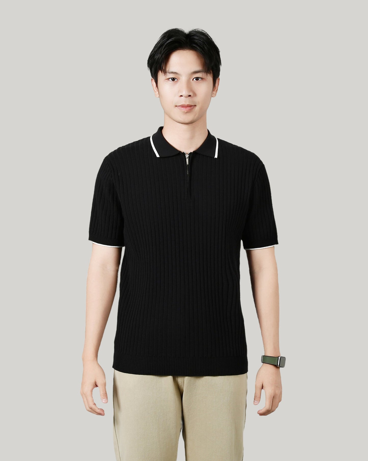 Men's Half-zip Ice Silk Knitted Lapel Vertical Striped Top