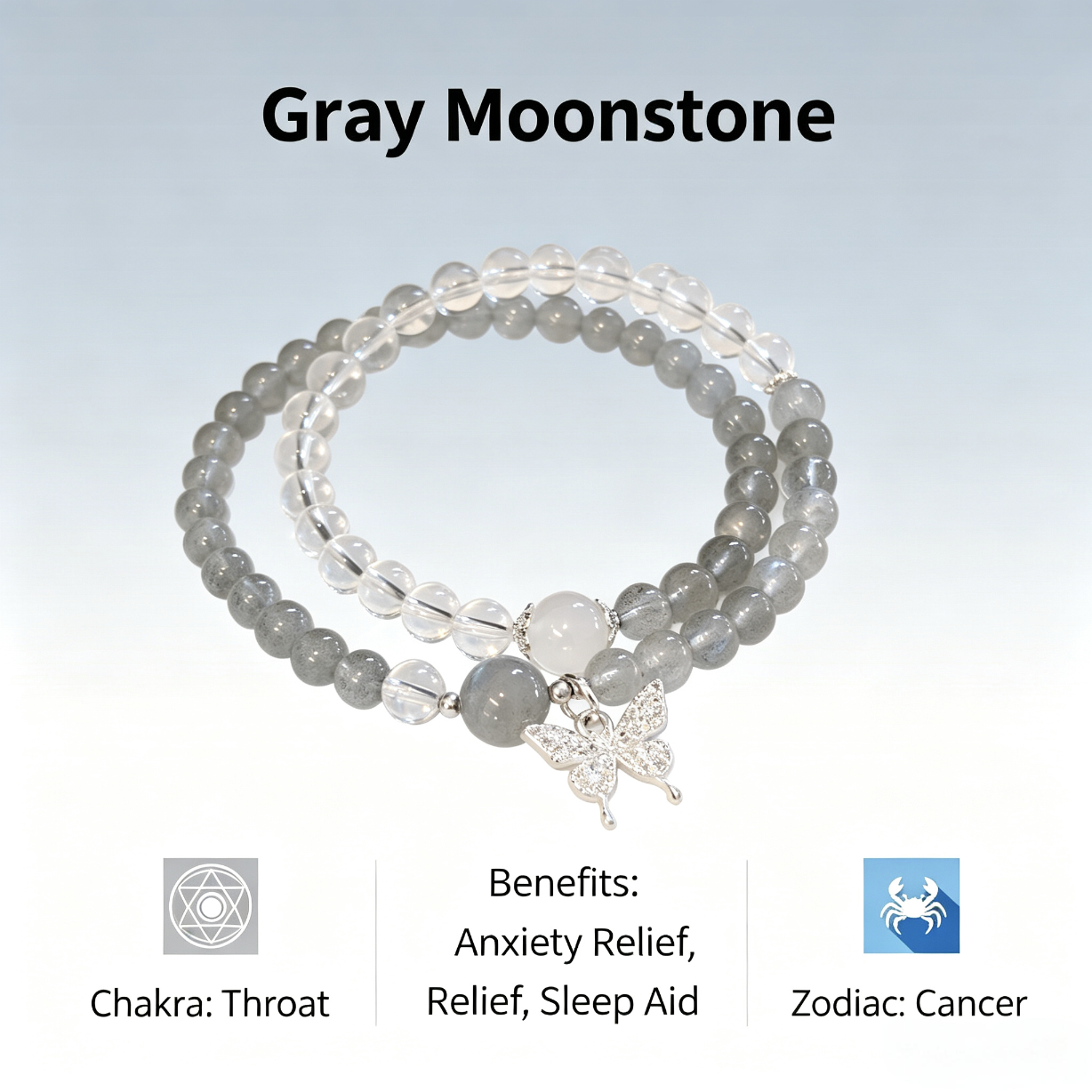 Gray Moonstone Throat Chakra Bracelet - Anxiety Relief & Sleep Aid