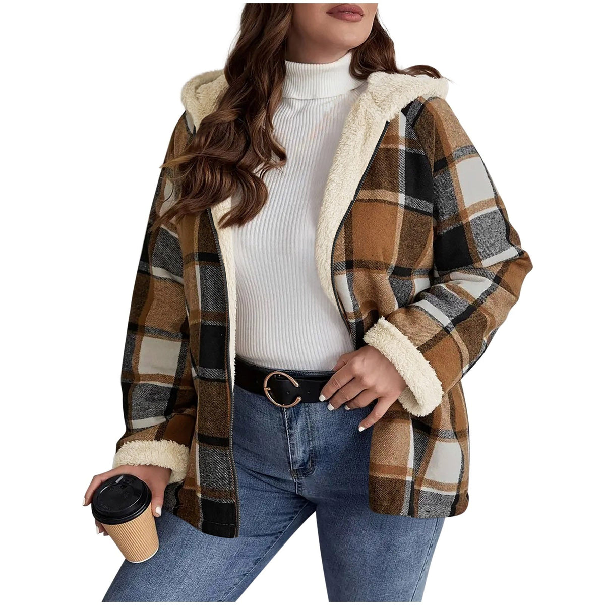 Plaid Printed Coat Fleece-lined Thickened Composite Hooded