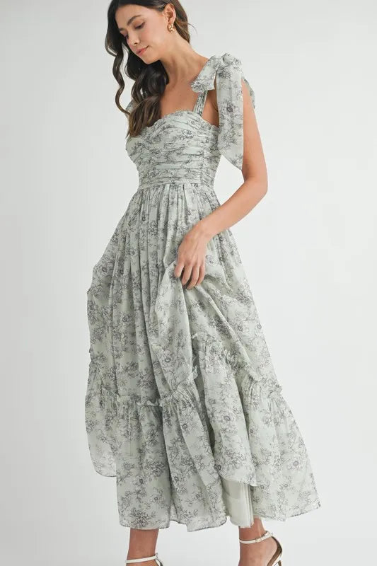 Floral Bust Ruched Midi Dress with Shoulder Tie For Women – Ruched Midi Dress For Summer, Floral Bust Dress, Shoulder Tie Dress, Feminine Midi Dress, Chic Event Dress