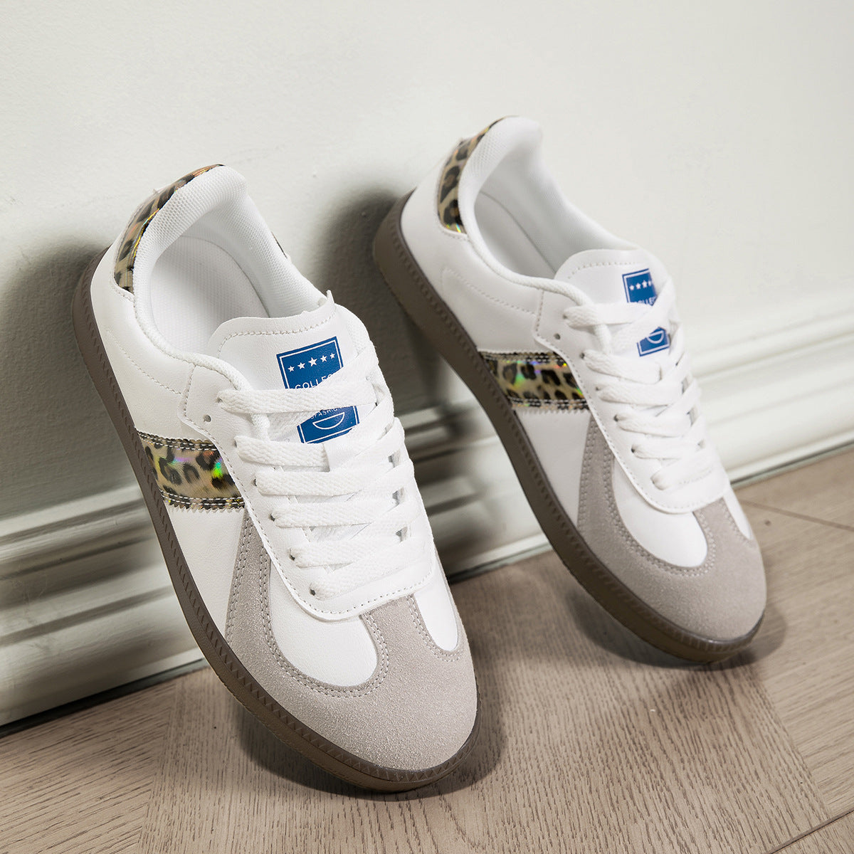Womens Style White Lace Up Casual Sneakers With A Leopard Print Flat Sole