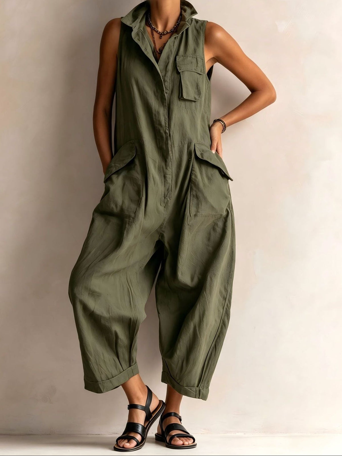 Women's Cotton Sleeveless Cargo Jumpsuit – Wide Leg Multi-Pocket