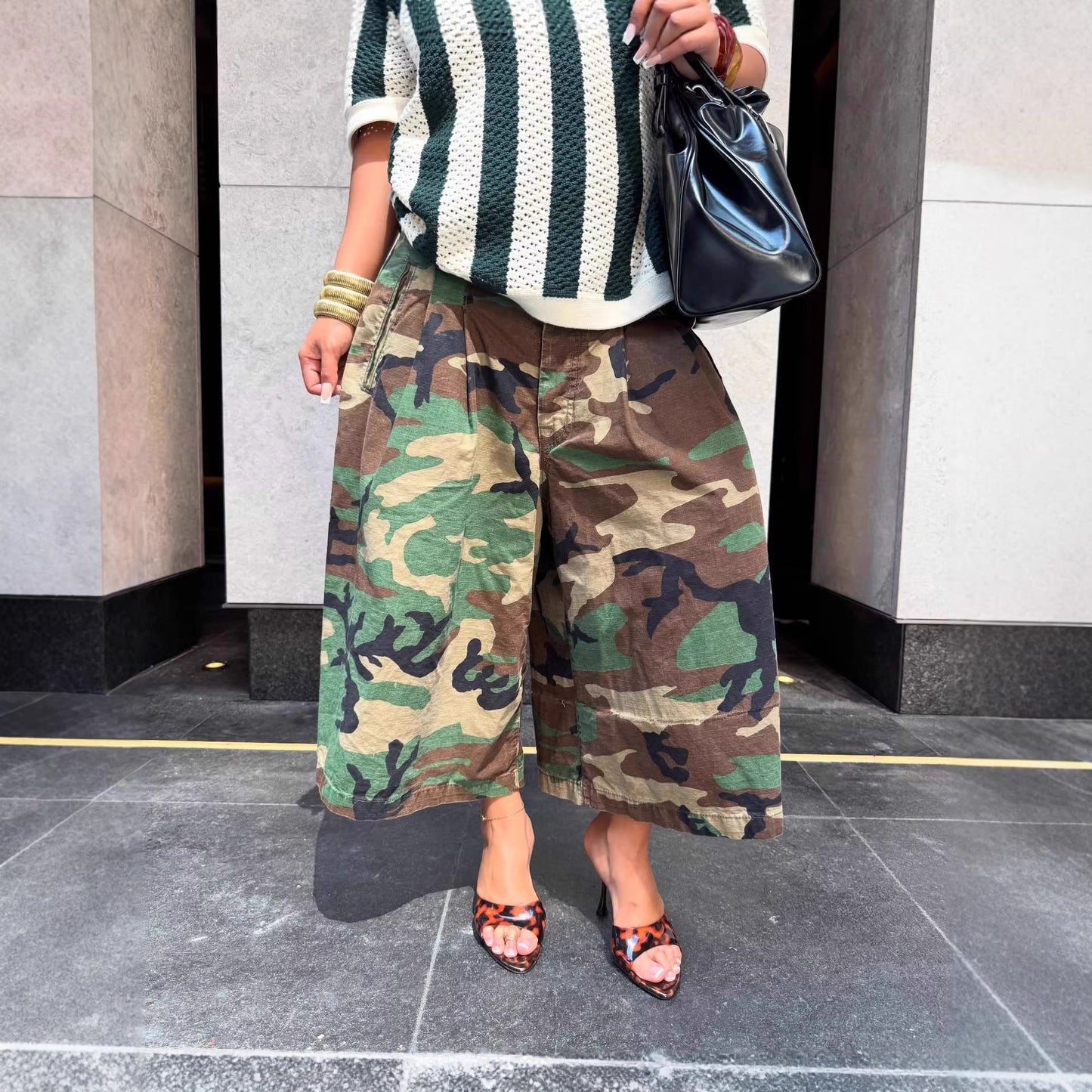 Women's Wide-Leg Cargo-Style Pants with Zipper & Button Detail