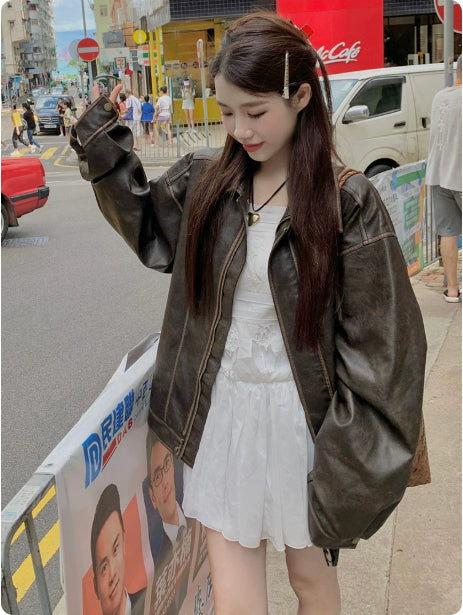 American Sweet Cool Retro Vintage Brown Leather Coat