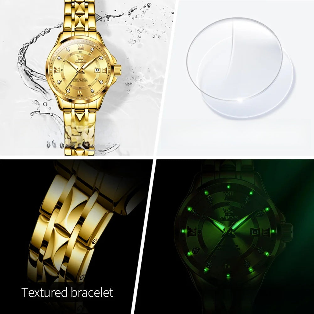 Damen Goldene Edelstahl-Armbanduhr mit kleinem Zifferblatt und Datumsanzeige