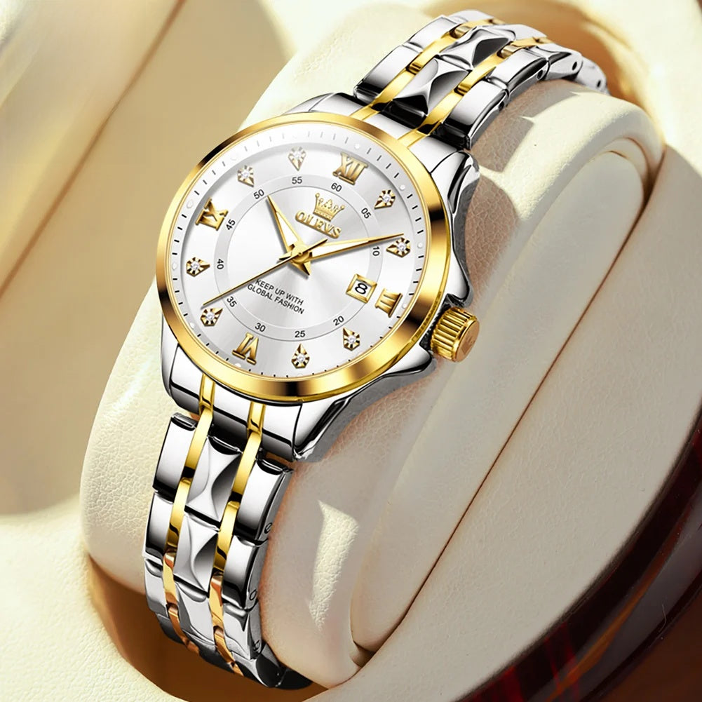 Montre femme étanche en acier inoxydable doré, fine et lumineuse