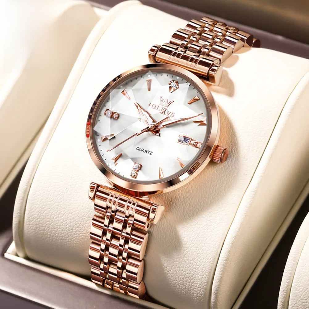 Damen-Edelstahl-Uhr Roségold Blaues Zifferblatt Zirkon