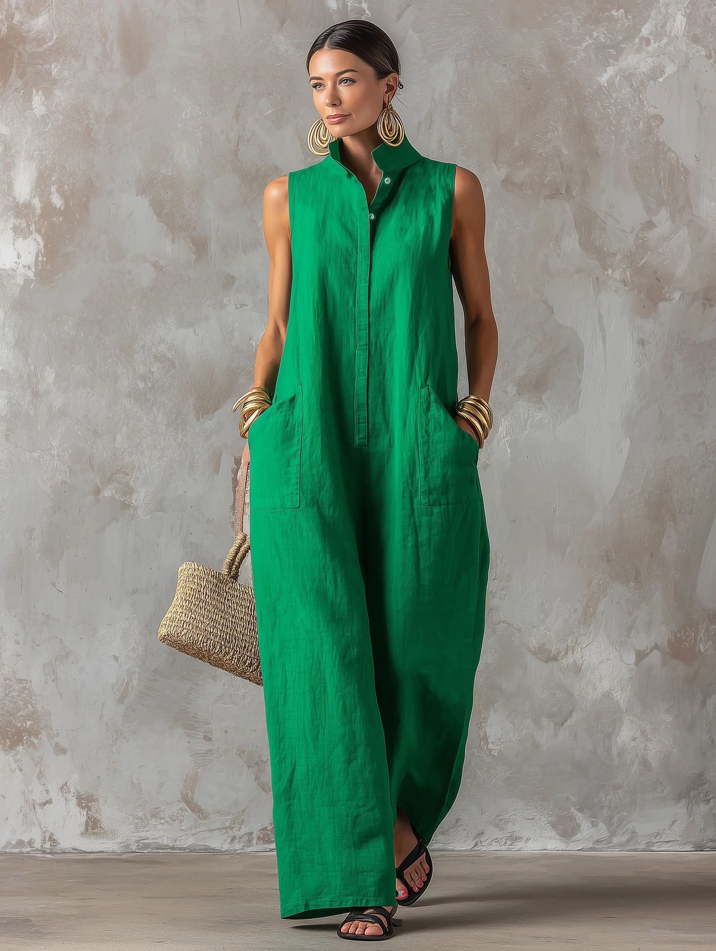 Linen Blend Sleeveless Stand-Collar Jumpsuit – 5 Colors S–3XL