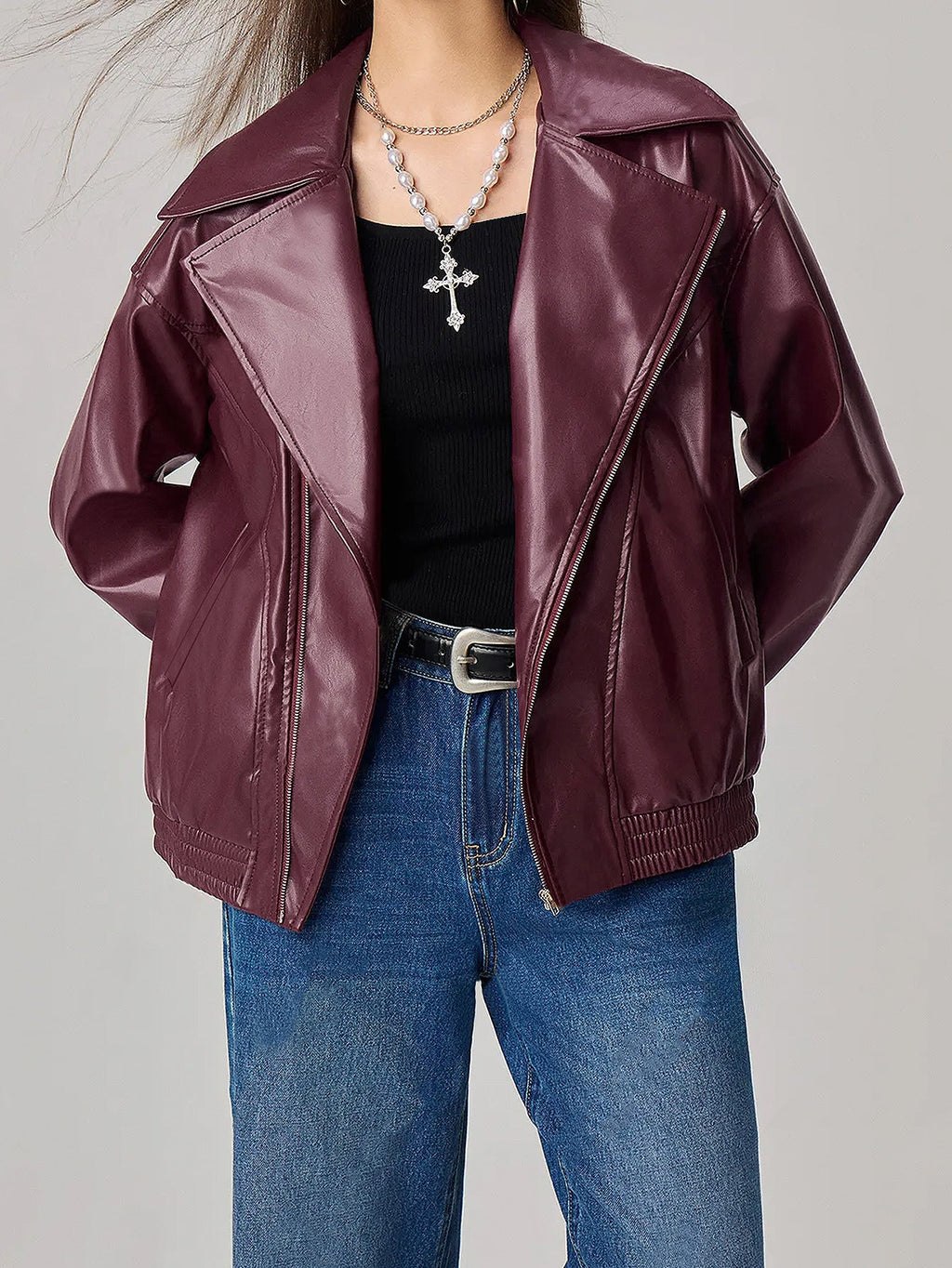 Loose-fitting Long Sleeves Leather Jacket Coat
