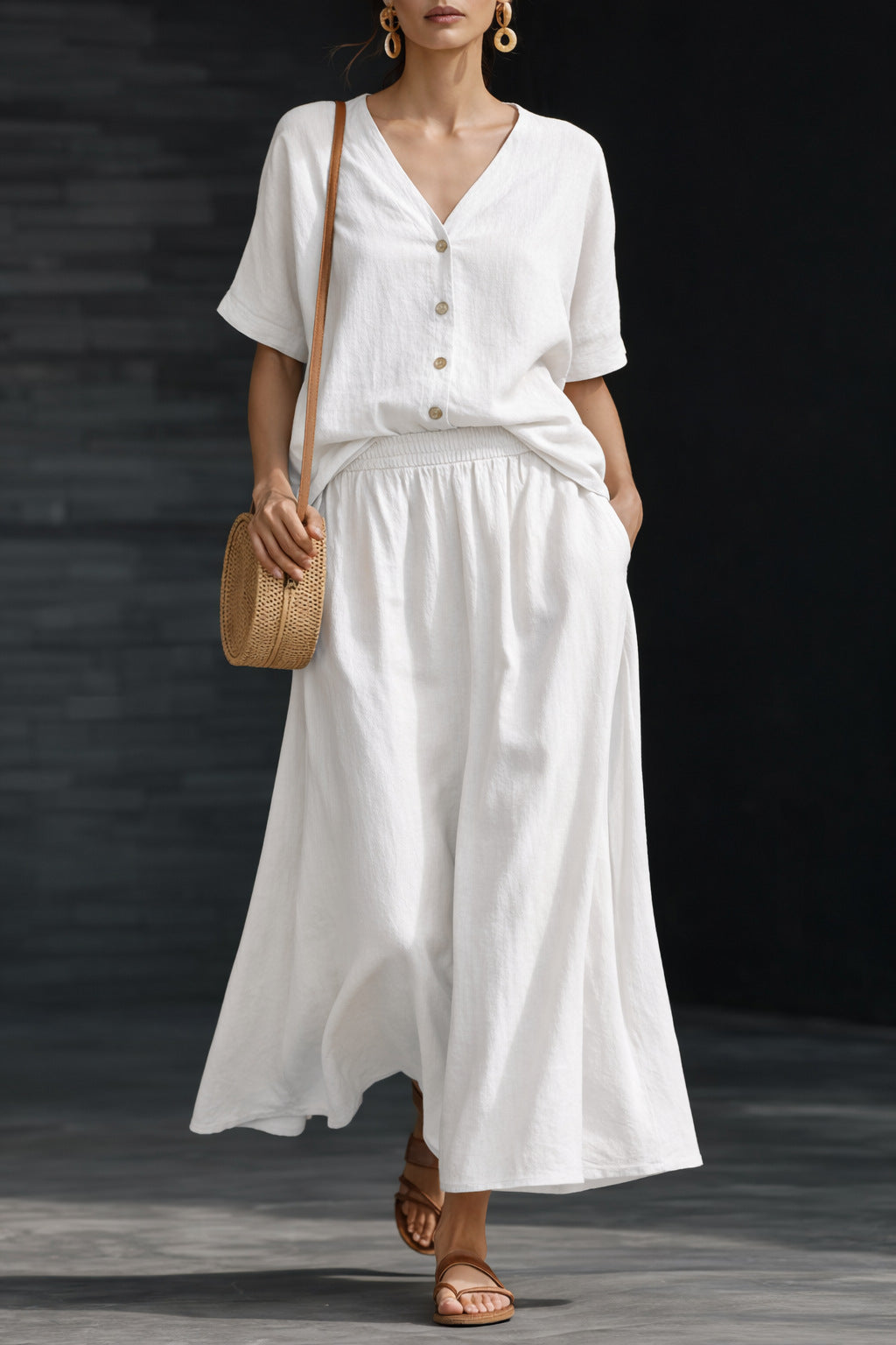 Women's V-Neck Button-Up Top & Long Skirt Set