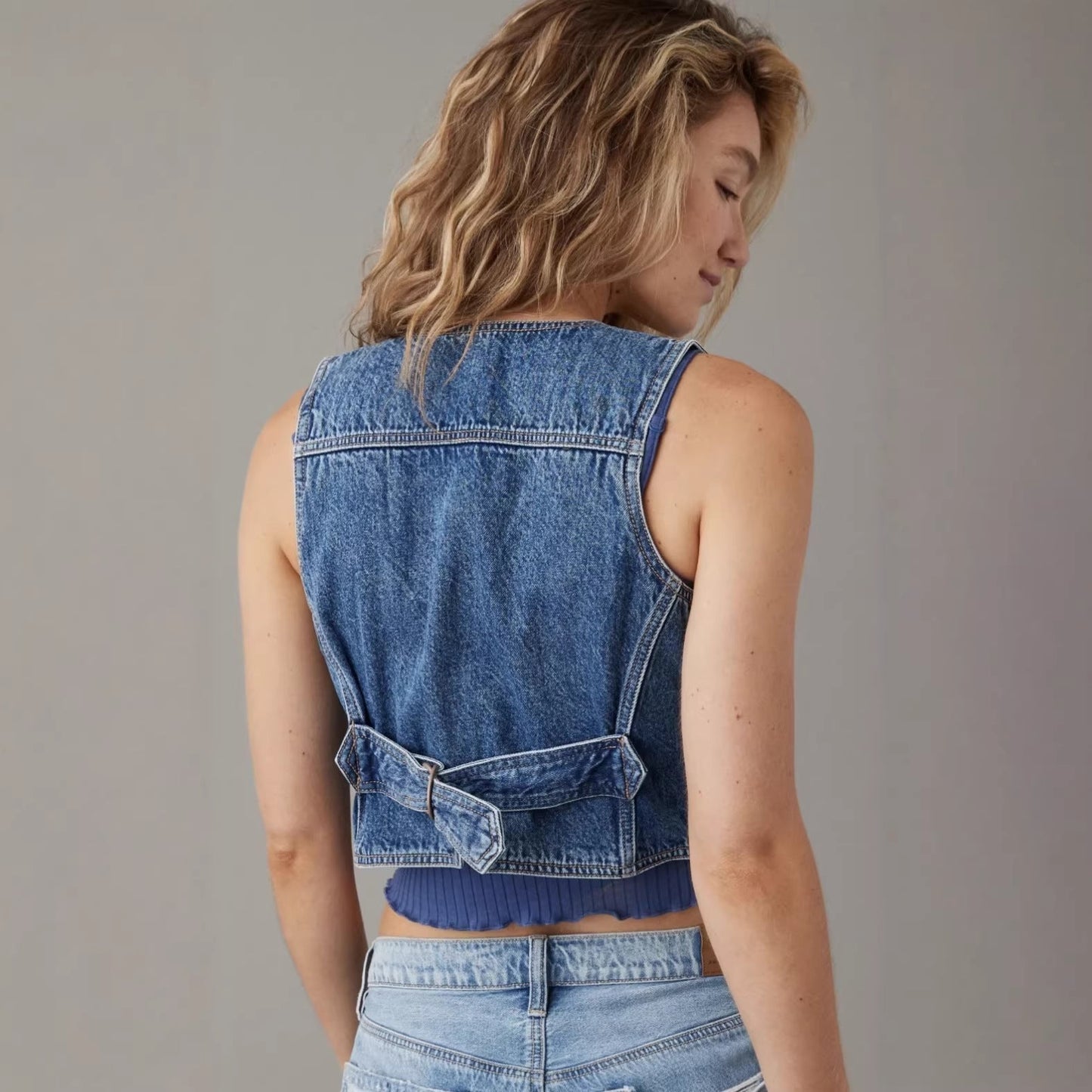 Womens Sleeveless V-Neck Top Denim Vest Petite Waistcoat
