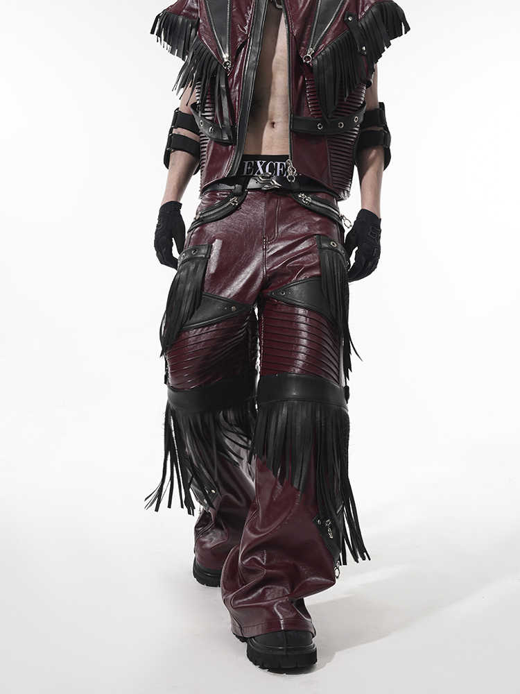 Deconstructed Design Red PU Leather Pants Male