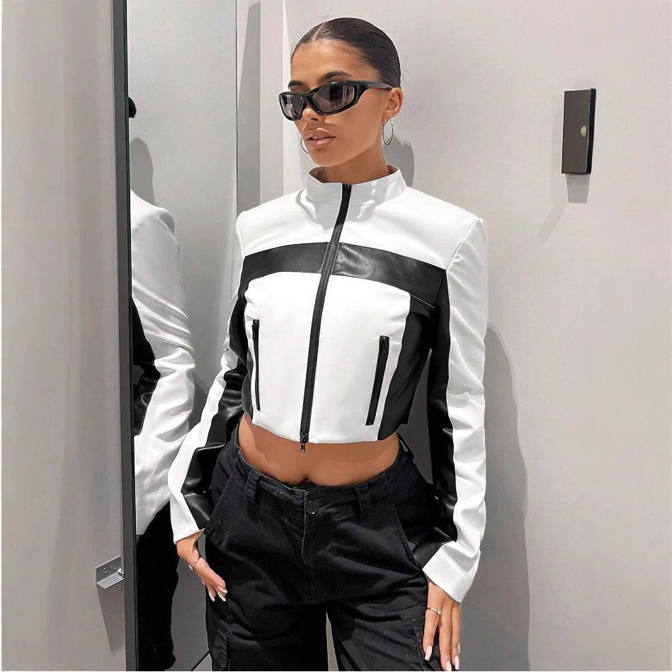 Black And White Contrast Color Leather Coat Women's Zipper Short Slim Jacket
