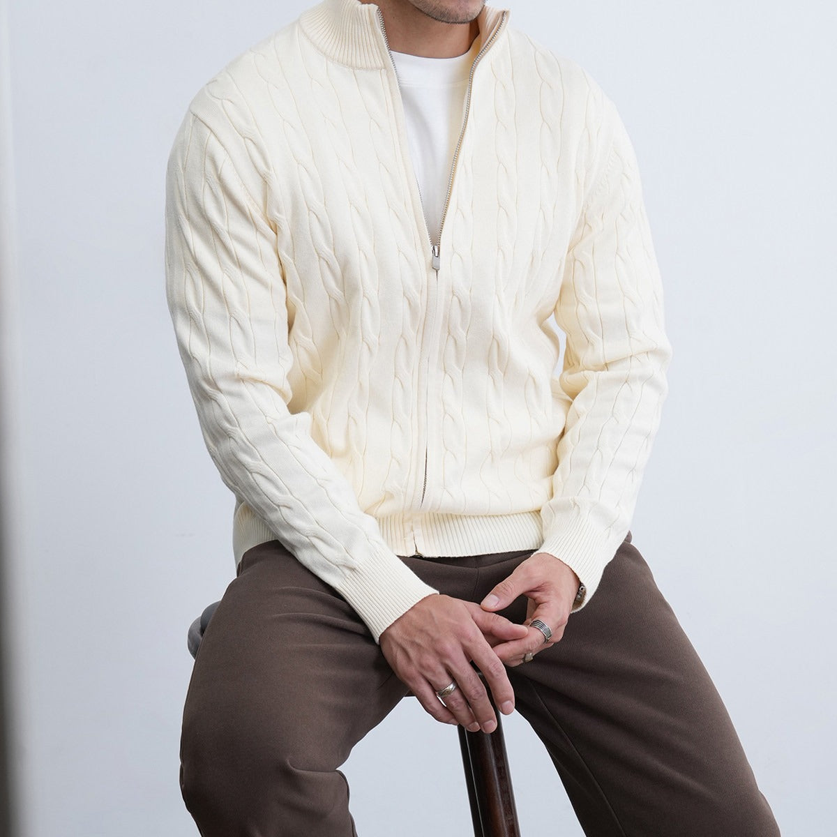 Mens Casual Slim-fit Jacquard Knitted Coat With A Stand-up Collar