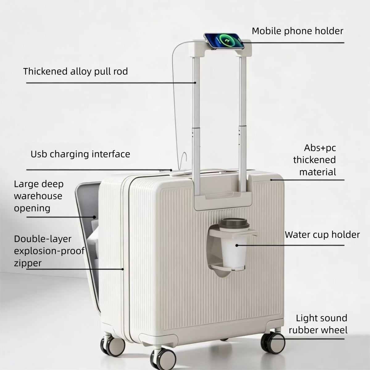 New 20 Inch Side Opening Small Luggage Compartment With Cup Holder, USB Port, Multifunctional Luggage, Boarding Password Box, Sturdy And Lightweight Travel Suitcase, Customizable Pattern