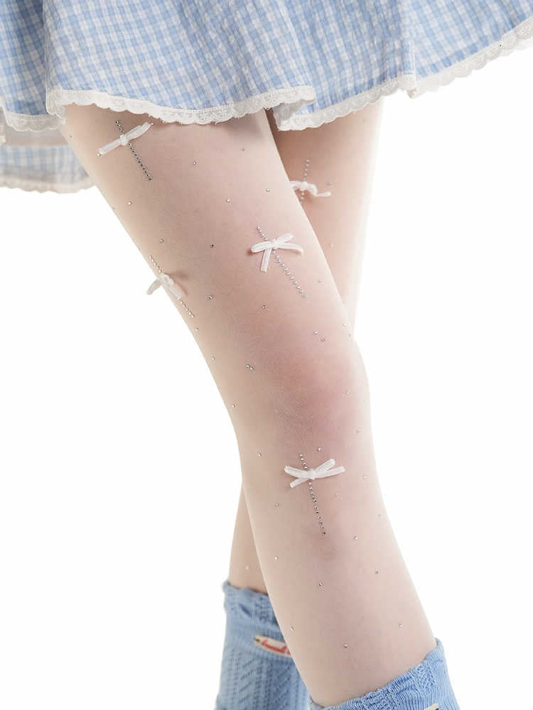 Velvet Bow Rhinestone White Stockings