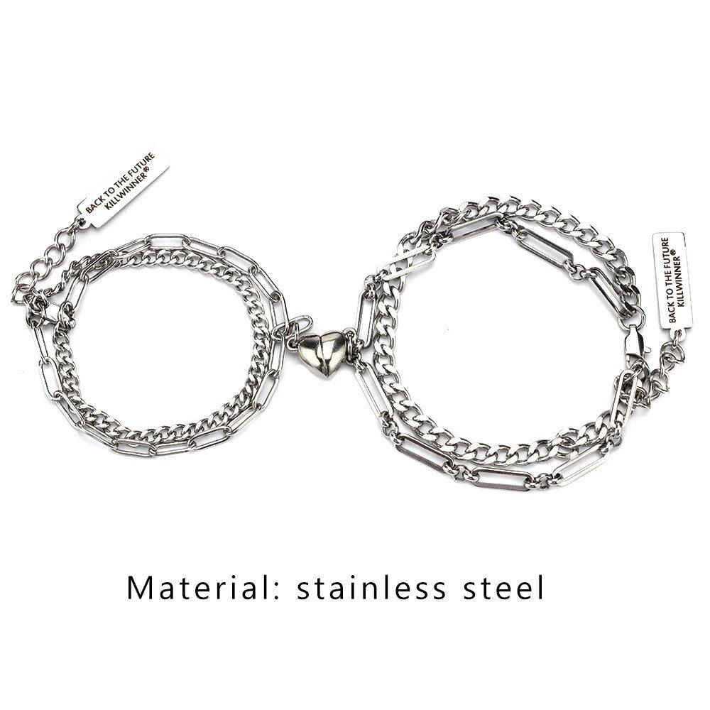 2pcs/Set Stainless Steel Double Chain Vintage Couple Bracelet Heart Magnet Attractive Magnetic Bracelet Oval Chain Paperclip Chain Double Layer Love Heart Magnet Bangle Bracelets Hypoallergenic Engraved Adjustable Couple Bracelet Set Gifts For Women Men