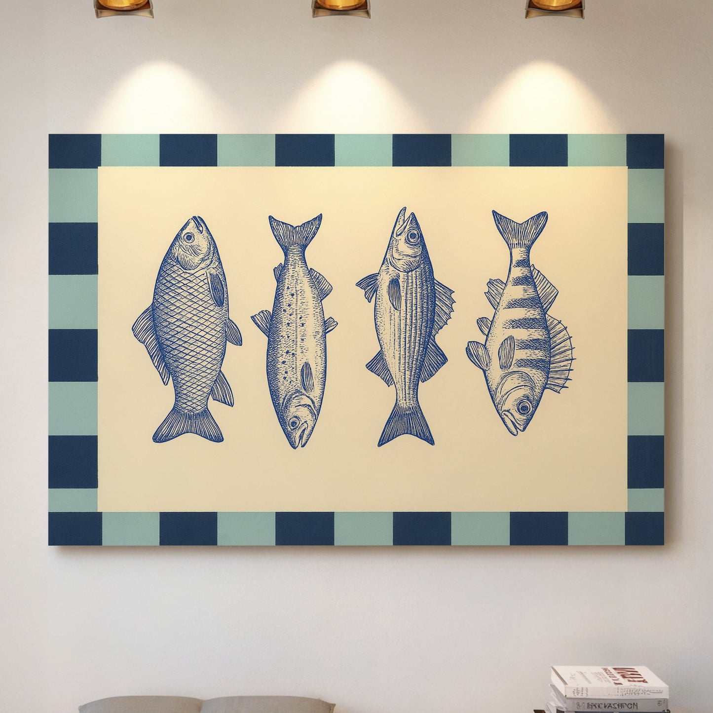 Quatuor de poissons vintage sur un damier bleu