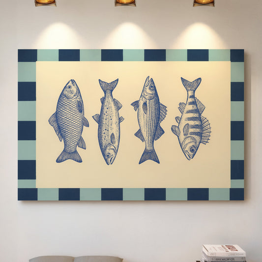 Vintage Fisch-Quartett auf Schachbrett-Blau